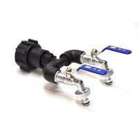 IBC Adapter S60x6 + 2x blauwe 3/4" MT messing aftapkranen met snelkoppeling (Polypropyleen)