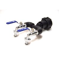IBC Adapter S60x6 + 2x blauwe 3/4" MT messing aftapkranen met snelkoppeling (Polypropyleen)