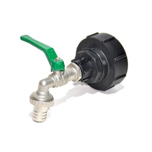 Adaptador IBC S100x8 + RIV Grifo de bola de latón 3/4" con cola de manguera (Polipropileno)