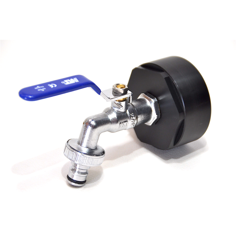 Raccords IBC 2 BSP + robinet MT bleu en laiton avec raccord tuyaux (PE-HD)