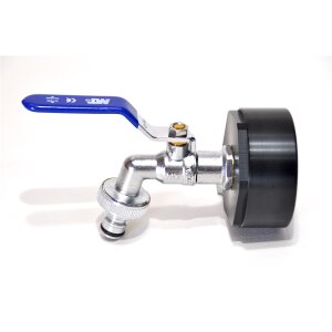 IBC-sovitin 2" BSP + sininen 1/2" MT messinkinen pallohana pikaliittimellä (PE-HD)