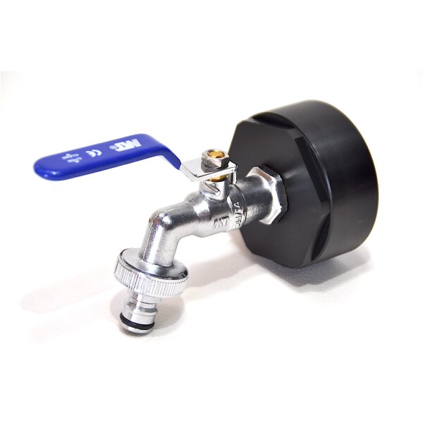 IBC-sovitin 2" BSP + sininen 3/4" MT messinkinen pallohana pikaliittimellä (PE-HD)