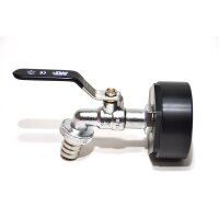 IBC-sovitin 2"1/8 BSP + MT 3/4" messinkinen pallohana letkuhännällä (PE-HD)
