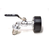 IBC-sovitin 2"1/8 BSP + MT 1" messinkinen pallohana letkuhännällä (PE-HD)